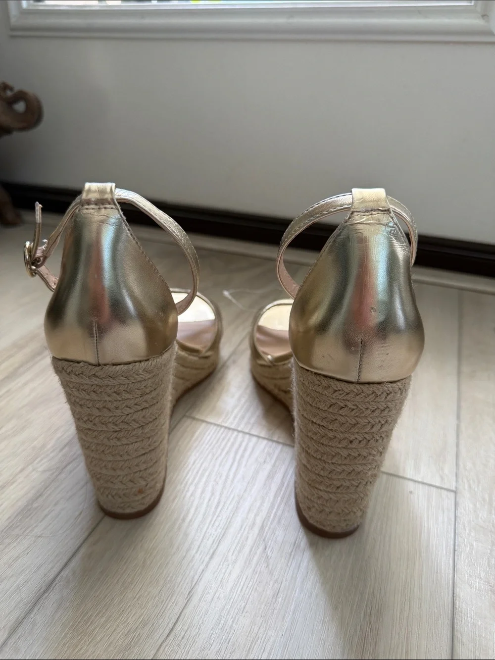 Mango | Metallic Gold Wedge Sandals with Ankle Strap